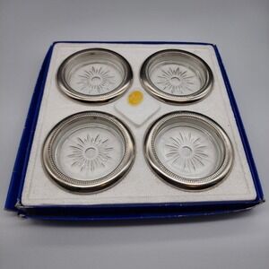 Vtg LEONARD Crystal Coasters Italy Silver-Plate Rimmed Star Cut Glass Set Of 4